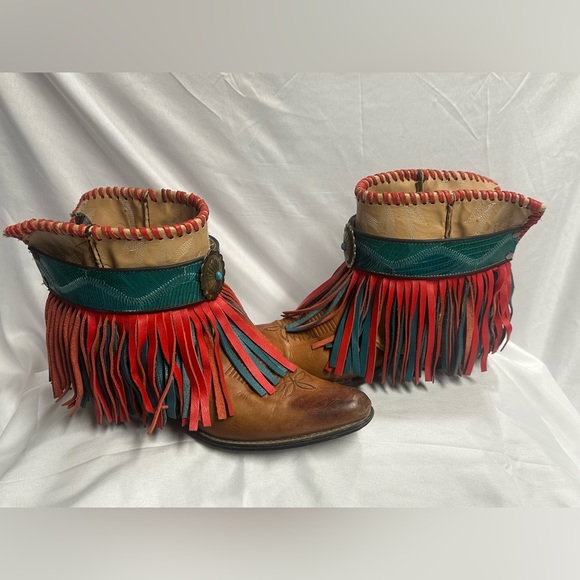Fringed Leather Ankle Boots - Brown and Red - Picture 6 of 8